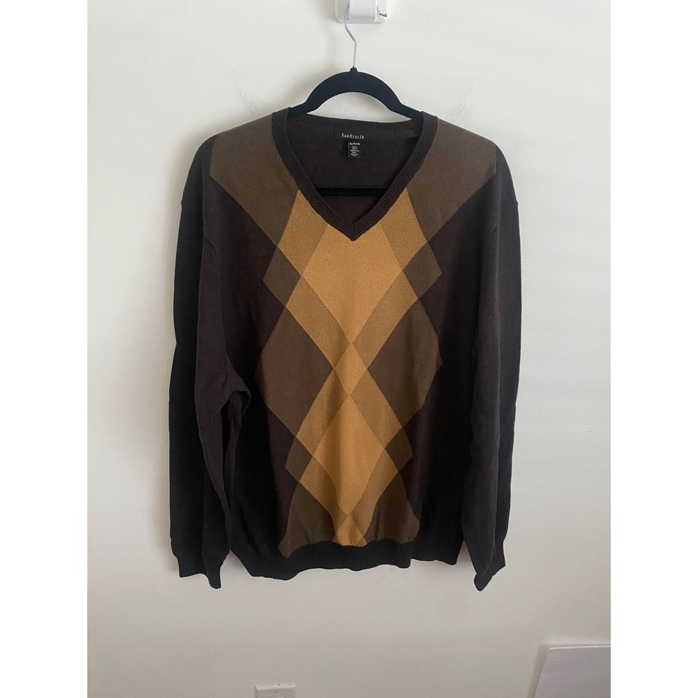 Argyle V-Neck Sweater Brown Tan Gold Knit Pullover Long Sleeve Men's‎ XL